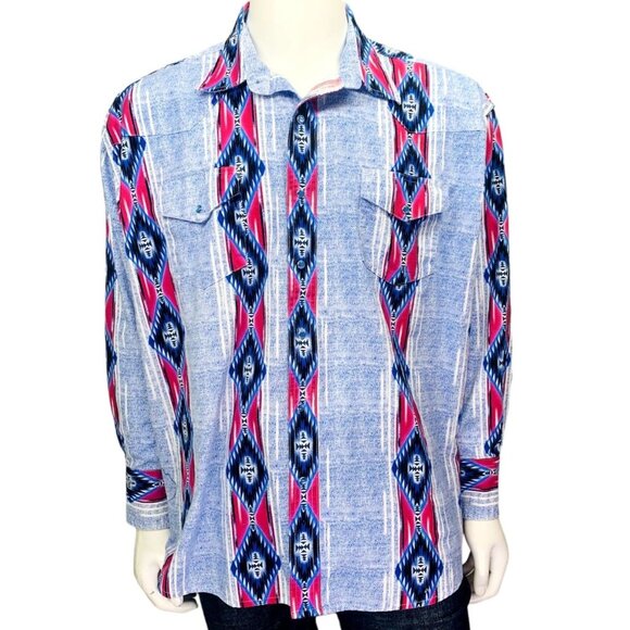 Wrangler Mens Western Pearl Snap Shirt Blue Pink Southwestern Print Size XXL - Picture 2 of 13